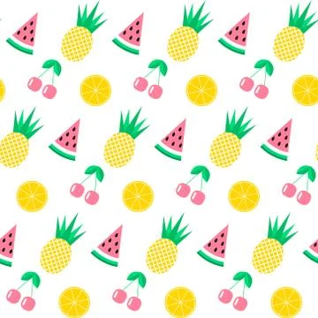 Seamless pattern with watermelon, pineapple, cherry and orange on white bac.. Stock Illustration