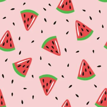 Seamless pattern with watermelon slices and seeds. Vector template. Stock Illustration