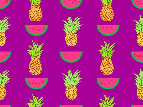 Seamless pattern with watermelon slices and pineapples. Watermelon with see.. Illustrazione stock
