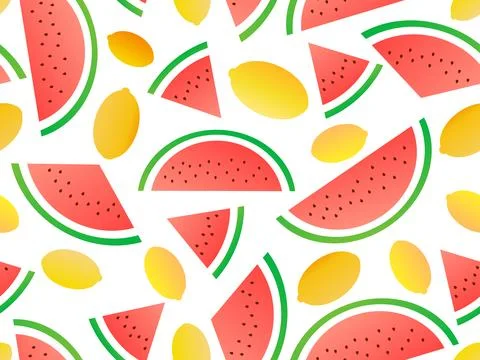 Seamless pattern with watermelon slices and lemons, gradient colors. Summer.. Stock Illustration