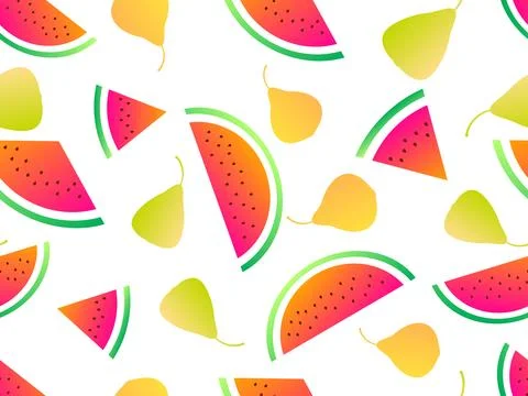 Seamless pattern with watermelon slices and pears, gradient colors. Summer .. Stock Illustration