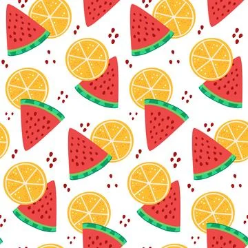 Seamless pattern of watermelon slices and orange slices with scattered seeds Stock Illustration