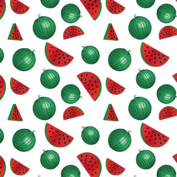 Seamless pattern of watermelon slices and whole fruits Stock Illustration