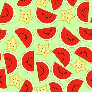Seamless Pattern of Watermelon Slices and Starfruit on Light Green Background Stock Illustration