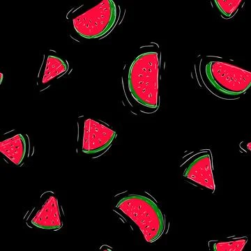 Seamless pattern with watermelon slices on black background. Vector illustrat Stock Illustration