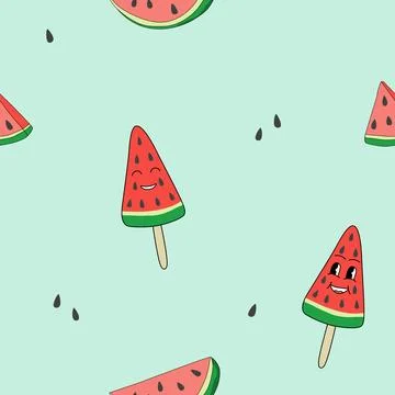 Seamless pattern with watermelon slices, watermelon ice cream and seeds, vector Stock Illustration