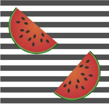 Seamless pattern with watermelon slices on white and black strips. Stock Illustration