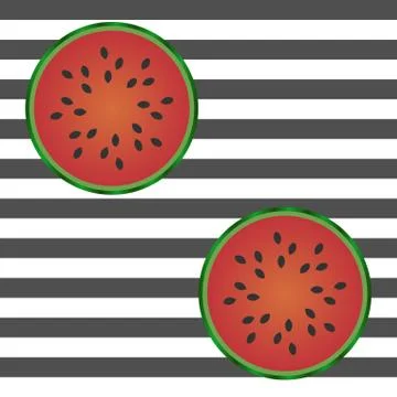 Seamless pattern with watermelon slices on white and black strips. Stock Illustration