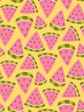 Seamless pattern of watermelon slices on a yellow background, perfect for s.. Illustrazione stock