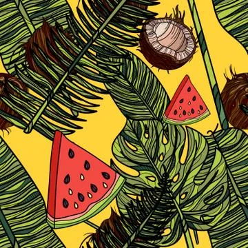 Seamless pattern with watermelon, tropical leaves and coconut. イラスト素材