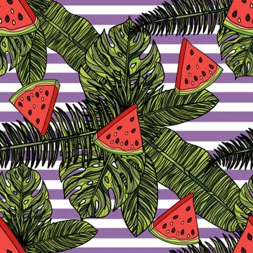 Seamless pattern with watermelon, tropical leaves and violet stripes. Stock Illustration