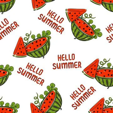 Seamless pattern with watermelons and cheerful Hello Summer text, ideal for Stock Illustration