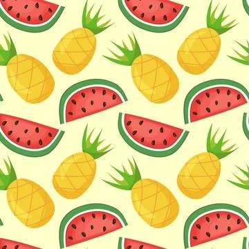Seamless pattern with watermelons and pineapples. Summer fruit print design Stock Illustration