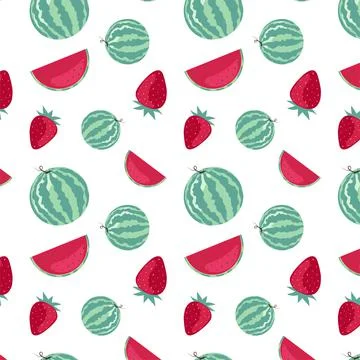 Seamless pattern with watermelons and strawberries on white background Stock Illustration