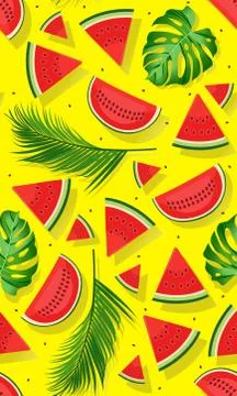 Seamless pattern watermelons with tropical leaf, slice of watermelon vector i 스톡 일러스트