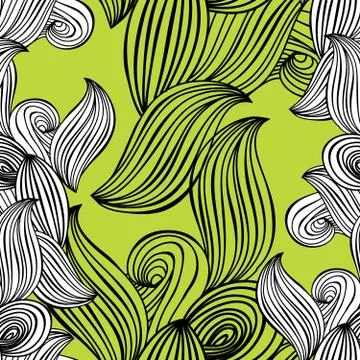 Seamless pattern wave black and white hand-drawn lime green background for wa Stock Illustration