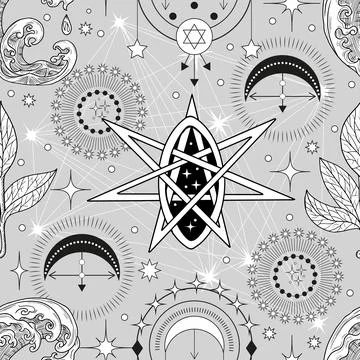 Seamless pattern with wave, pentagram, solar and mystical symbols Stock Illustration