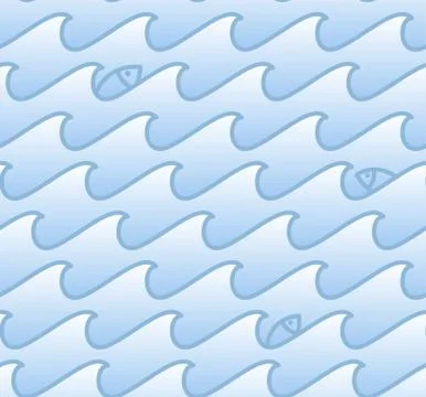 Seamless pattern with waves and fishs, stylized water waves ornament, light b Stock Illustration