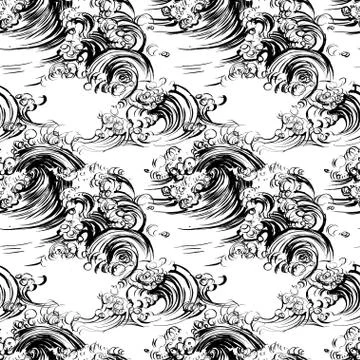 Seamless pattern waves brush ink sketch handdrawn serigraphy print Stock Illustration