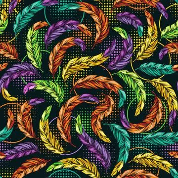 Seamless pattern with wavy bent feathers with colorful tips. Stock Illustration