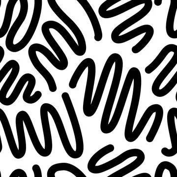 Seamless pattern with wavy lines, doodles, loops, abstract black and white Stock Illustration