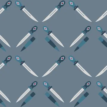 Seamless pattern with weapons on a dark gray background. Sharp blade and sh.. Stock Illustration