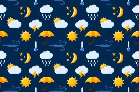 Seamless pattern with weather icon on dark blue background in cartoon style. Sun Stock Illustration