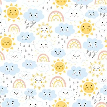 Seamless pattern with weather icons - sun and rainbows, rain and thunder in.. Stock Illustration