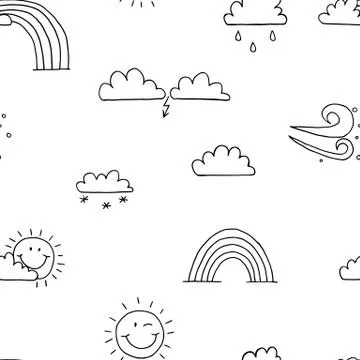 Seamless pattern weather. Sun, rain, cloud, wind, snow and rainbow Stock Illustration