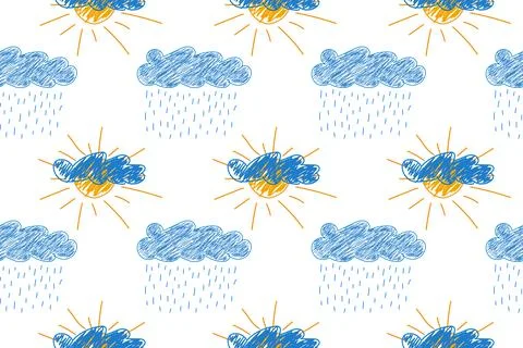 Seamless Pattern of Weather Symbols - Clouds, Sun, and Rain Stockillustratie