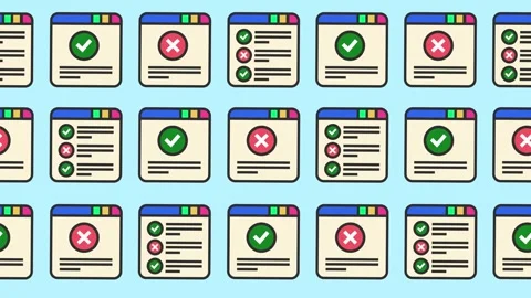 Seamless pattern of web browser windows with checkmark pass, cross mark error Video stock 344041524
