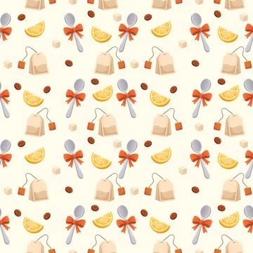 Seamless pattern for website menu with teaspoon, sugar, lemon and tea bag 스톡 일러스트