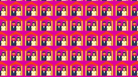 Seamless Pattern of Wedding Couple Icons with Groom and Bride in Altar Fram.. Stock Illustration