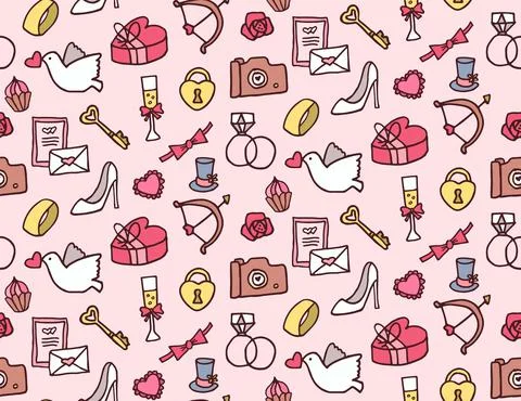 Seamless pattern wedding doodles love icons Stock Illustration
