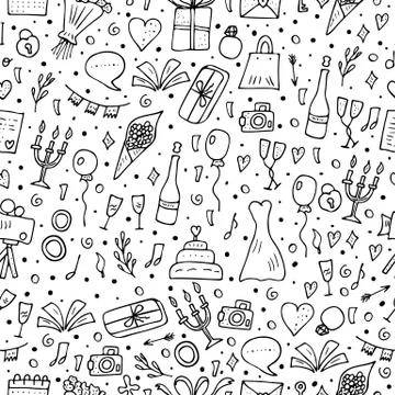 Seamless pattern of wedding elements in doodle style. Endless background with 스톡 일러스트