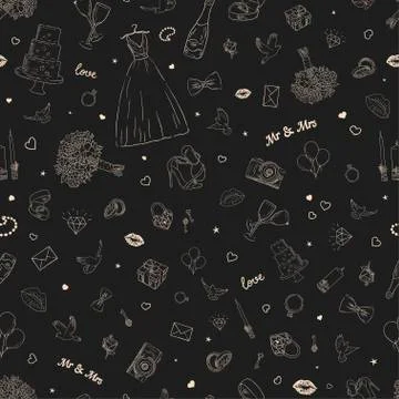 Seamless pattern with wedding icons. Wedding, marriage, bridal. Hand drawn Stock-Illustration