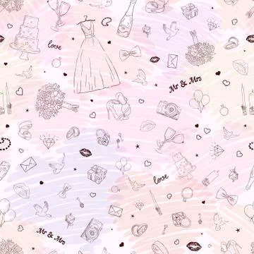 Seamless pattern with wedding icons. Wedding, marriage, bridal. Hand drawn Stock Illustration