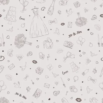 Seamless pattern with wedding icons. Wedding, marriage, bridal. Hand drawn Stock Illustration