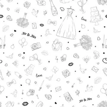 Seamless pattern with wedding icons. Wedding, marriage, bridal. Hand drawn Stock Illustration