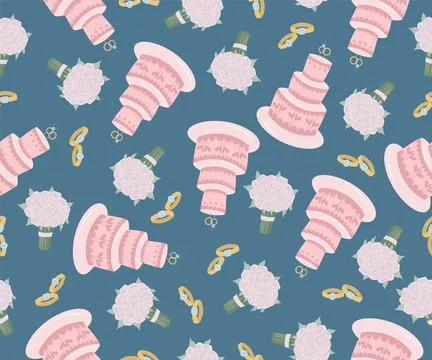 Seamless pattern with wedding rings, cake and bridal bouquet on blue background. Stock Illustration