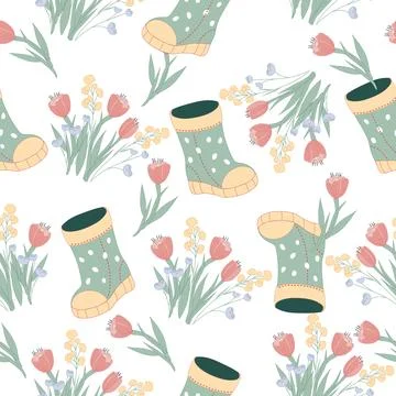 Seamless pattern with wellies boots and flowers, vector illustration. Stock Illustration