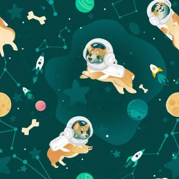 Seamless pattern with Welsh Corgi dogs flying in open space cartoon style Stock Illustration