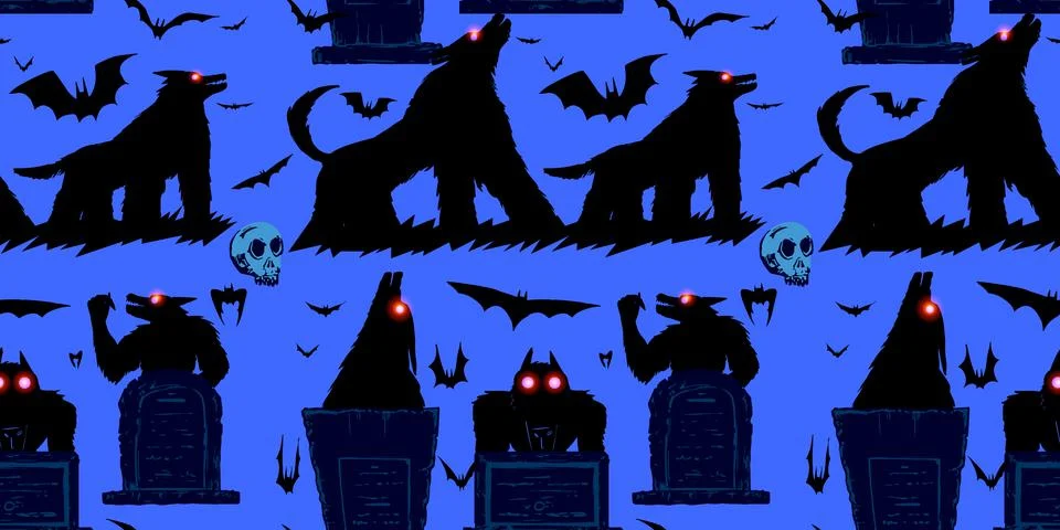 Seamless pattern with a werewolf in a graveyard and bats. Halloween wallpaper Stock Illustration