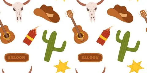 Seamless pattern western elements cowboy hats, cacti, guitars, bull skulls,.. Stockillustratie