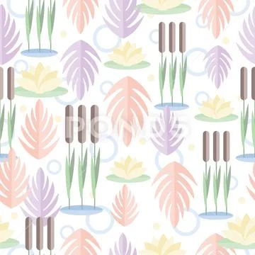 Seamless pattern with wetland plants. Reed, water lily and leaves ...