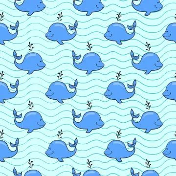 Seamless pattern with whale on blue ocean background in doodle style Illustrazione stock