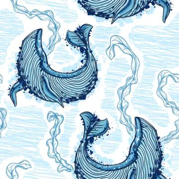 Seamless pattern with whale, marine plants and seaweeds Stock Illustration
