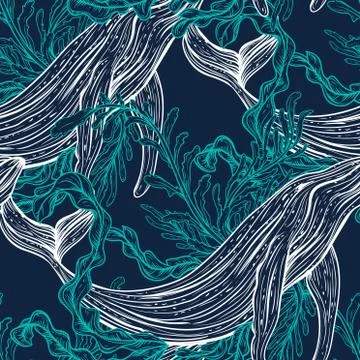 Seamless pattern with whale, marine plants and seaweeds. Illustrazione stock