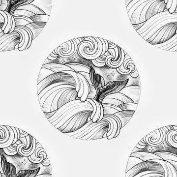 Seamless pattern of a whale in a raging ocean on a white background. Stock Illustration