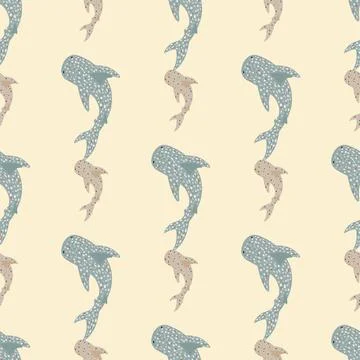 Seamless pattern with whale shark blue and grey ornament. Light pink backgrou 스톡 일러스트